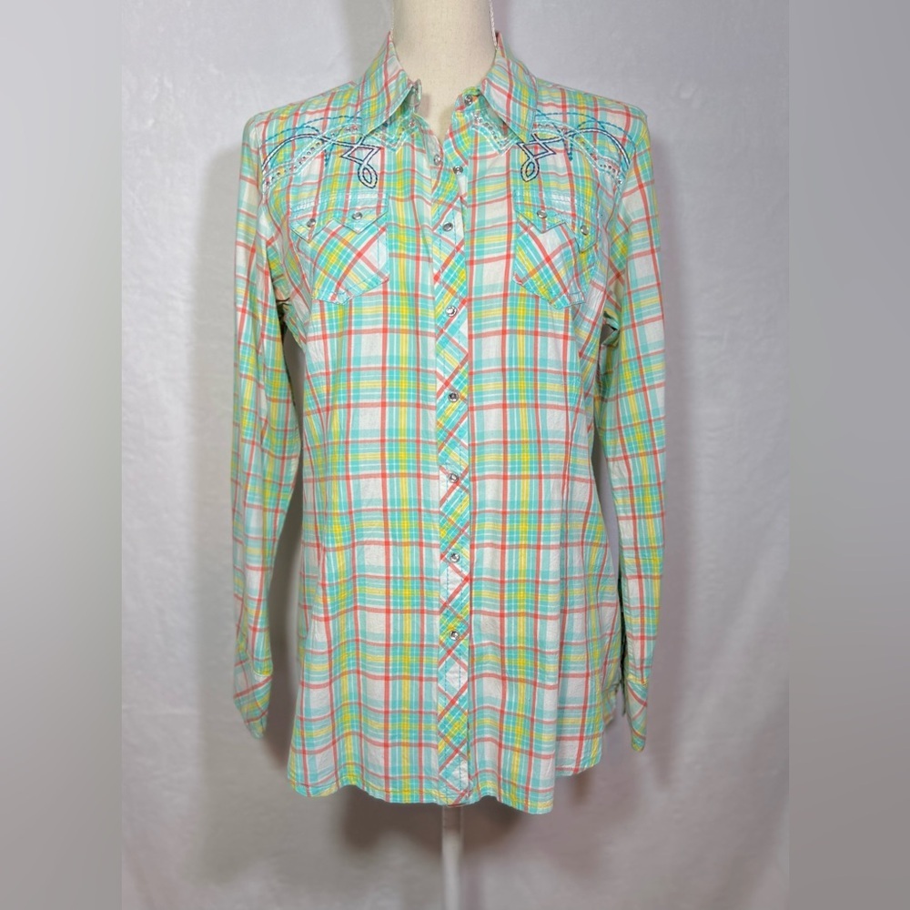 Ariat Plaid Snap Shirt L Western Pearl Snap Rhinestone Embroidered Multicolor - Picture 2 of 8